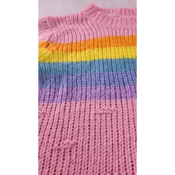 Chunky Knit Pink Sweater with Rainbow Striped Sleeves Cozy Warm Pullover Size S - Picture 4 of 7